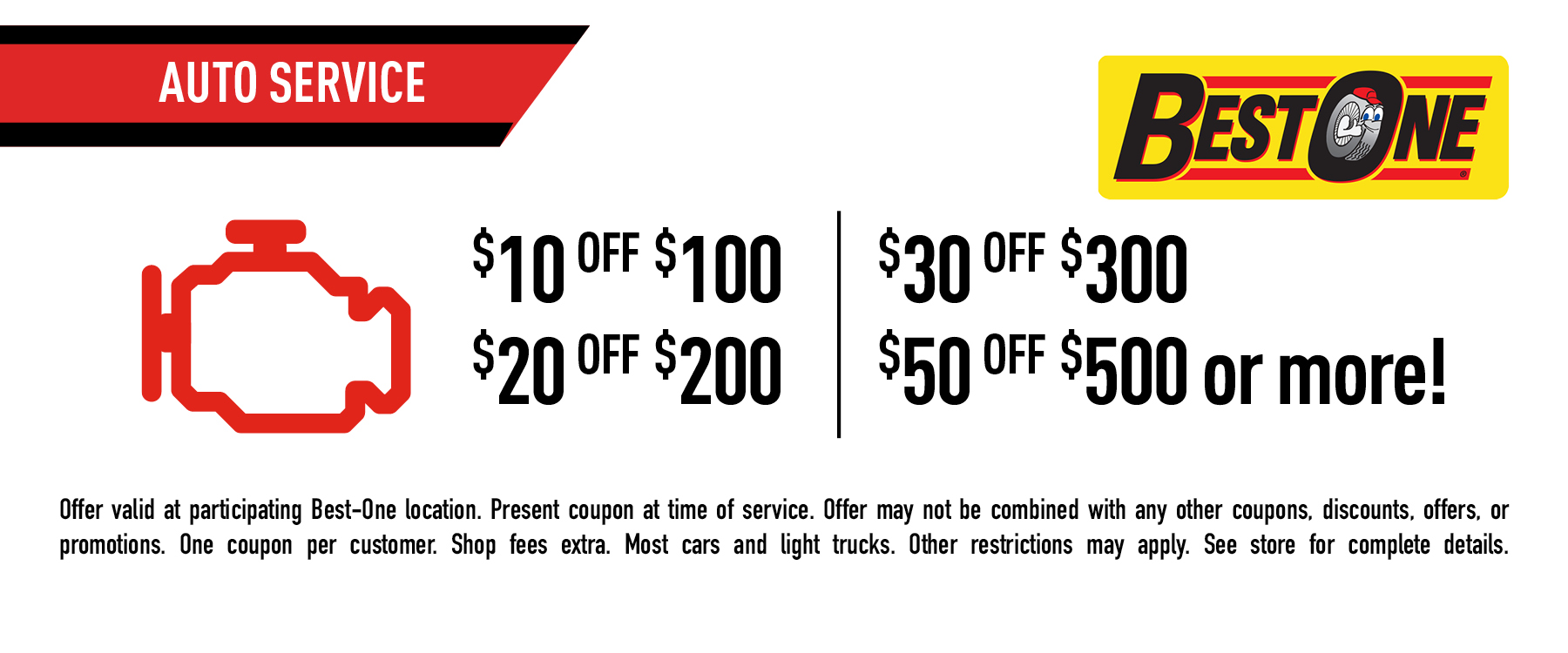 Save $10, $20, $30 or $50 on auto service coupon